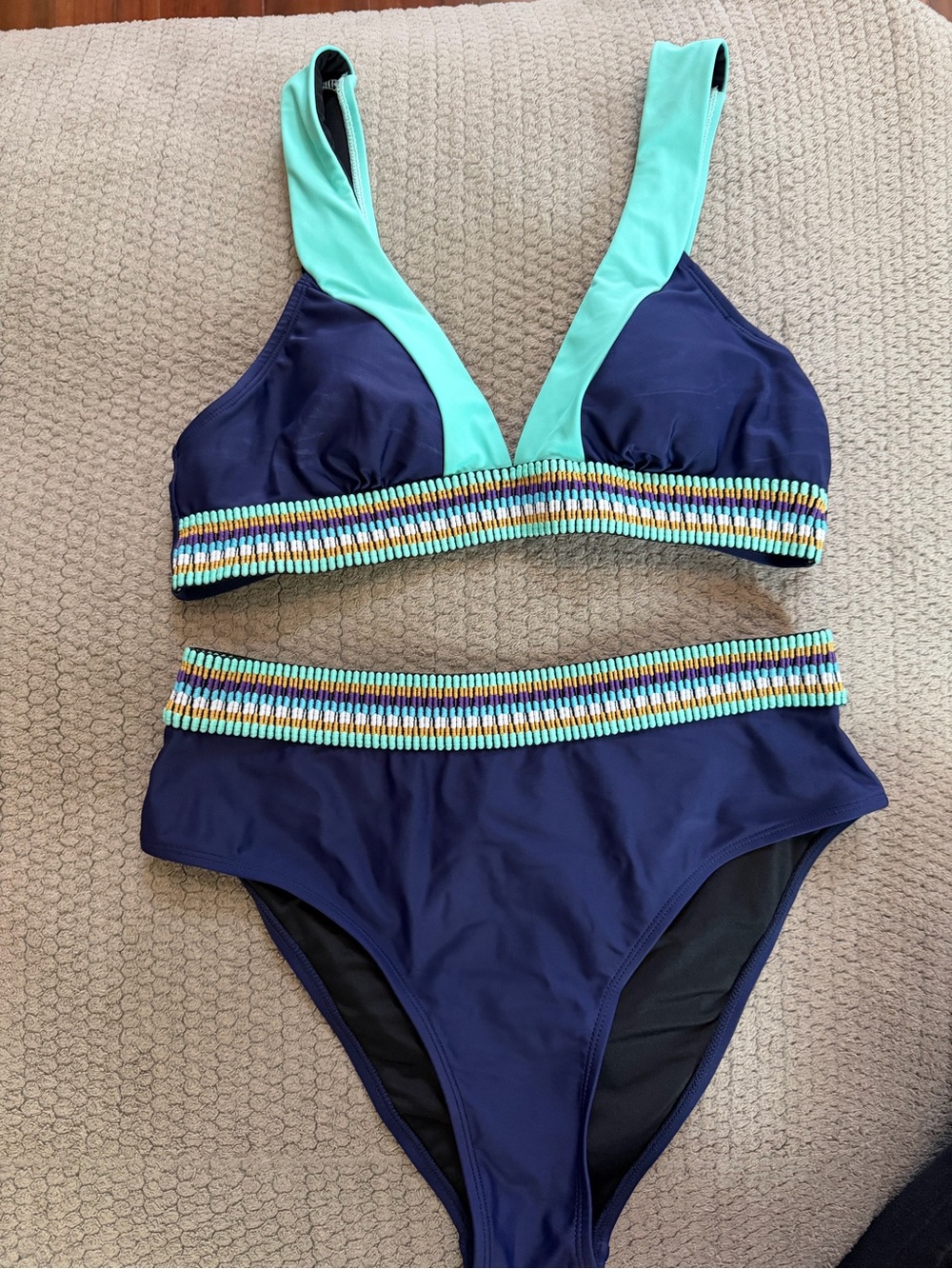 Navy & Aqua Two-Piece Bikini Set with Beaded Waistband - medium